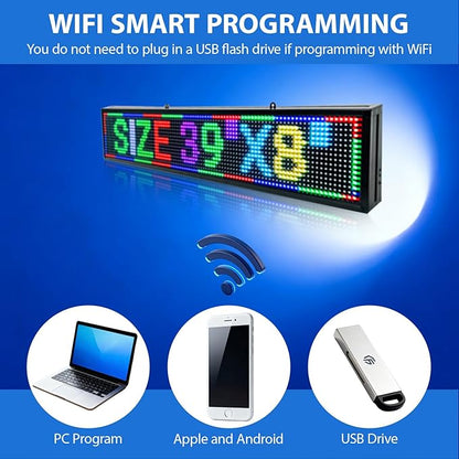 Programmable LED Sign Outdoor Full Color – 39"x8" Scrolling Message Board, Custom Digital Advertising Display, WiFi Control, High Brightness Neon Business Sign for Store, Bar, Restaurant