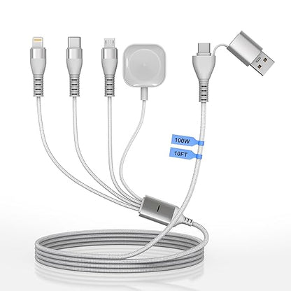 100W Multi Charging Cable for Apple Watch, 4-in-2 Charger Cord with Type C/Lightning/Micro USB/Magnetic iWatch Charger for iPhone 17-12, MacBook, iPad, Samsung, 10FT RV & Travel Essentials