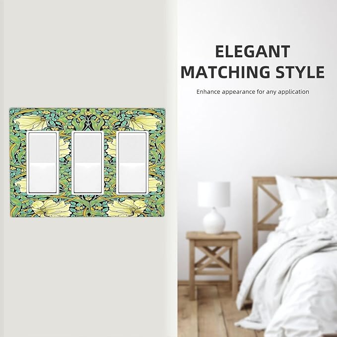 Light Switch Covers William Morris Vintage Floral Yellow Flowers Green Leaf 3 Gang Rocker Electrical GFCI Decorative Triple Outlet Wall Plate Cover Switchplate for Bedroom living Room Decor