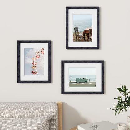 Fun Memories Solid Oak Wood Frame 8.5x11 With Real Glass - Display Poster 6x8 With Mat or 8.5x11 Without Mat - Wall Display Photo Frames, Black Color, 3 Pack