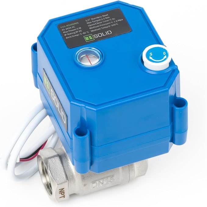 U.S. Solid Motorized Ball Valve with Manual Function - 1/2" Stainless Steel, Full Port, 85-265V AC, 2-wire Automatic Return, Normally Closed