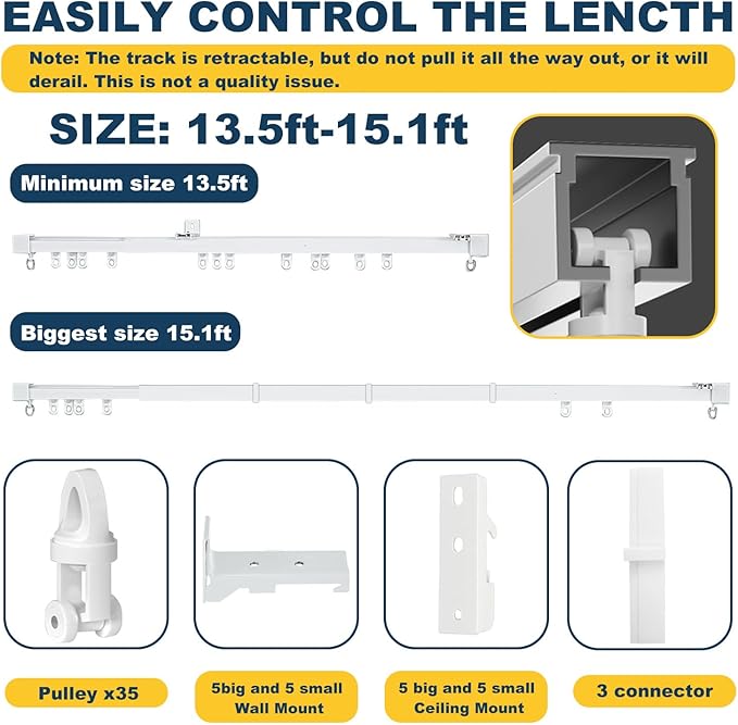 Retractable Curtain Track System, 13.5-15.1ft/161.4-181.1in Ceiling & Wall Mounting Aluminum Heavy Duty Track for Curtains with Silent Rollers, Adjustable Rod Rail for Room Divider/Shower/Living Room
