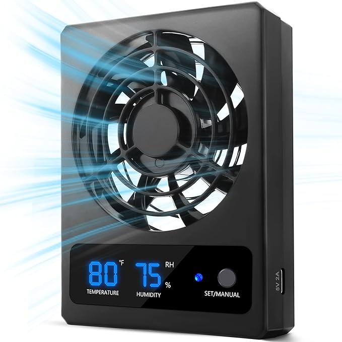 Reptile Ventilation Fan with Humidity Sensor and High-Temp Alarm, Fan Dehumidifier for Reptile Enclosure and Terrarium, Suitable for Humid Environments, Rainforest and Ecological Tanks