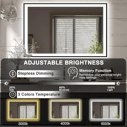 57x36 LED Light Mirror for Bathroom - Black Framed Mirror (Front and Backlit), Anti-Fog Bathroom Vanity Mirror, Stepless Dimmable Lighted Mirror, Tempered Glass, Memory (Horizontal/Vertical)