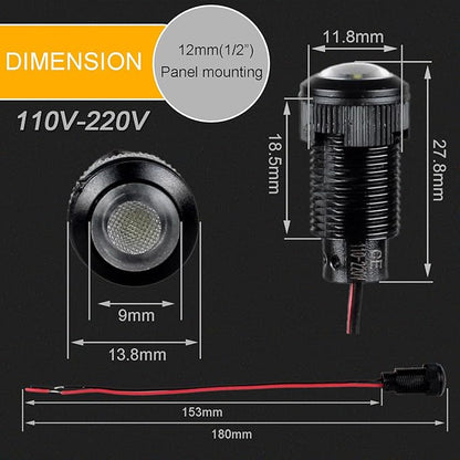 5pcs 12mm LED Indicator Light Plastic Black Signal Dot Lamp 110-220VAC 1/2 inches Mounting Hole Size with 15cm/5.9in. Wire (White LED)