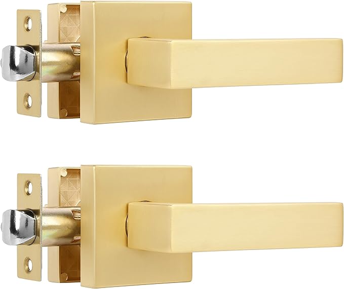 2 Pack Heavy Passage Door Handle Stain Brass Keyless Square Door Lever with Modern Contemporary Design for Hallway or Closet