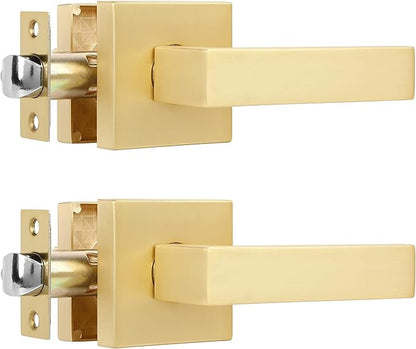 2 Pack Heavy Passage Door Handle Stain Brass Keyless Square Door Lever with Modern Contemporary Design for Hallway or Closet