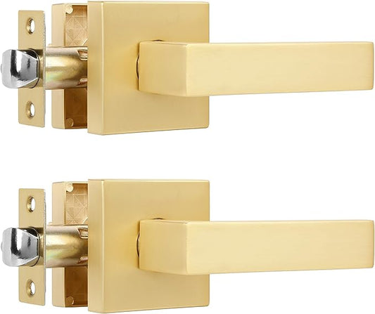 2 Pack Heavy Passage Door Handle Stain Brass Keyless Square Door Lever with Modern Contemporary Design for Hallway or Closet