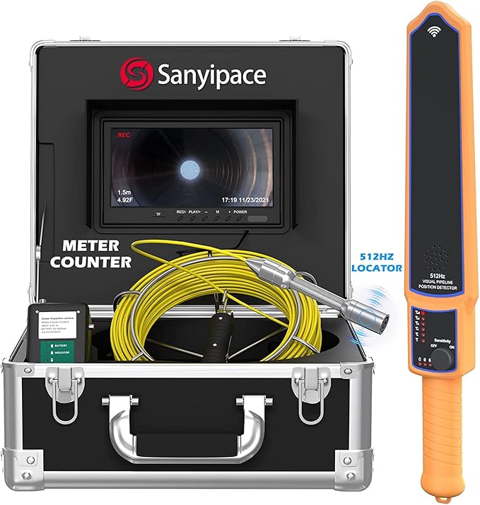 Sanyipace Sewer Camera with Locator 65 FT/20 M, Drain Pipe Inspection Camera with Detector, Waterproof Cámara Probe w/h 512Hz Transmitter, Distance Counter, 9" Color Screen, 16GB TF Card, 5mm Cable