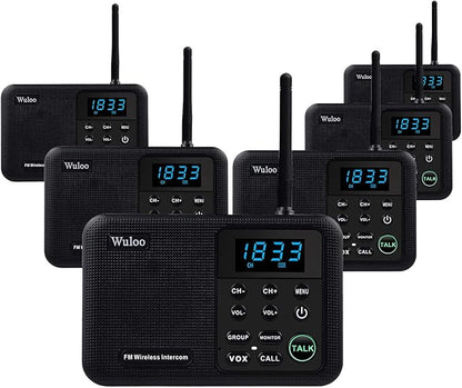 Wuloo Intercoms Wireless for Home 1 Mile Range 22 Channel 100 Digital Code Display Screen, Wireless Intercom System for Home House Business Office, Room to Room Intercom Communication (6 Packs, Black)