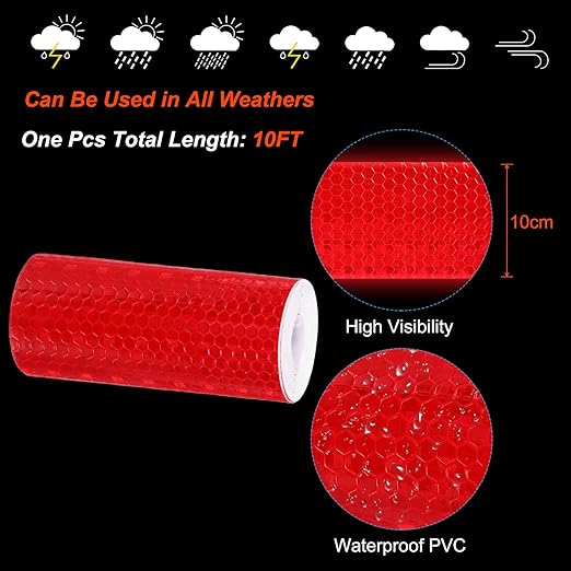 PATIKIL 4 Inch x 10 ft Reflective Tape, 1 Roll Waterproof Self Adhesive High Visibility Caution Warning Safety Tape Reflector with Scraper for Trucks Trailers Cars, Red