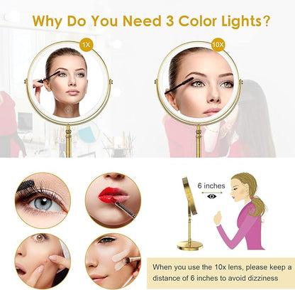 Lighted Makeup Mirror, 3000 mAh Rechargeable Double Sided Magnifying Vanity Mirror with 3 Colors, 1x/10x, 360° Rotation , Brightness Adjustable Magnification Cosmetic Light up Mirror, Women Gift