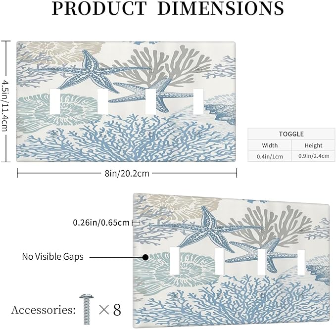 Decorative Light Switch Plate Covers Blue Starfish Coral Seaweed 4 Gang Light Switch Cover Quad Toggle Wall Plate Outlet Covers for Bathroom Bedroom Decor