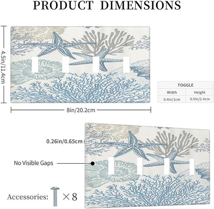 Decorative Light Switch Plate Covers Blue Starfish Coral Seaweed 4 Gang Light Switch Cover Quad Toggle Wall Plate Outlet Covers for Bathroom Bedroom Decor