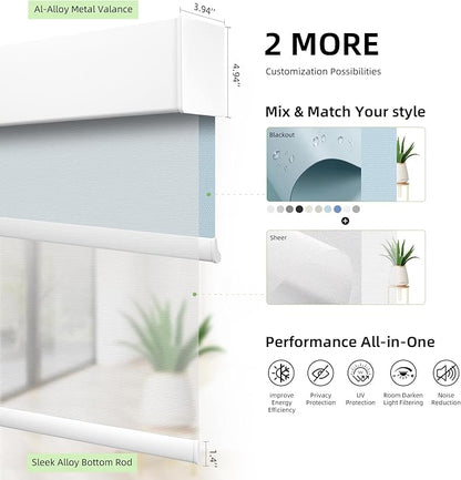 ZSTARR Motorized Day and Night Dual Smart Blind for Window with Valance Rechargeable Motor,Blackout Roller Shade Custom Size,with Valance Suitable for Home,Office (Full Blackout Light Blue)