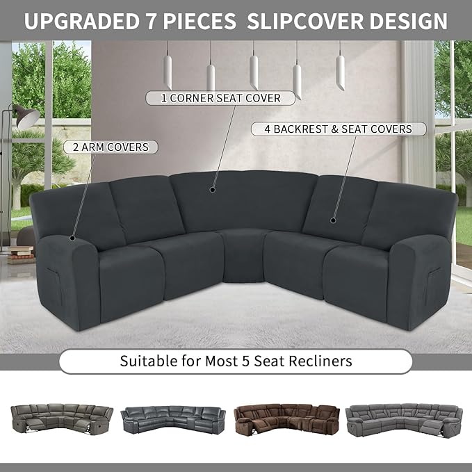 Easy-Going 100% Waterproof Recliner Cover, Stretch Couch Covers for Reclining Couches, Extra Large Sectional Sofa Slipcover, L-Shape Furniture Protector for Kids & Pets, 5 Seater, Dark Gray
