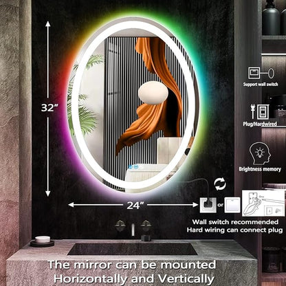 THEKLA 24 x 32 Inch LED Oval Mirror with 3 Color Front Lights + RGB Rainbow Color Changing Backlit Oval Lighted Vanity Mirror for Bathroom Wall Dimmable AntiFog 32in Ovals Smart Light up Mirrors