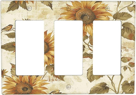 Light Switch Covers Rustic Sunflower Floral Pattern 3 Gang Rocker Electrical GFCI Decorative Triple Outlet Wall Plate Cover Switchplate for Bedroom Cabin Decor