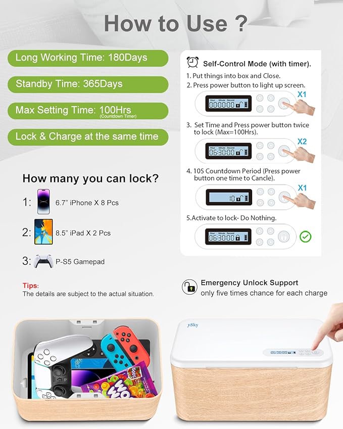 ySky Phone Lock Box with Timer,Safe Timed Lock Box Unplug from Phones,Video Games,Social Media,Snacks&Cravings,SelfControl Storage Box for 8.5 inch iPad,Time Locker Box(woodgrain)