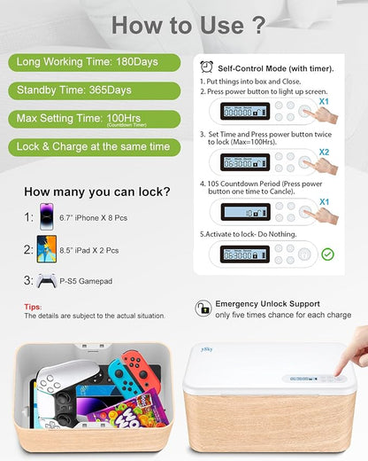 ySky Phone Lock Box with Timer,Safe Timed Lock Box Unplug from Phones,Video Games,Social Media,Snacks&Cravings,SelfControl Storage Box for 8.5 inch iPad,Time Locker Box(woodgrain)
