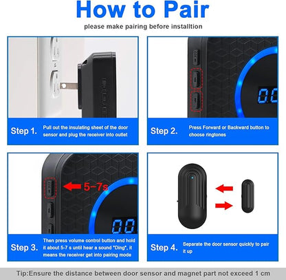 Wireless Door Chime for Business Home Office When Entering Door Alarms When Opened with 800Ft Range 55 Chimes 5 Volume Levels (1 Receiver & 4 Sensor)