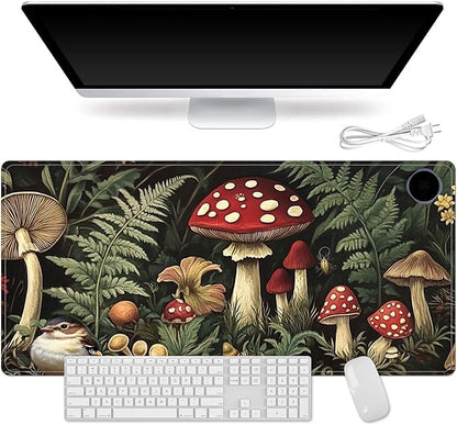 Small Heated Desk Pad 23.6" x 14.2" – Compact Electric Mouse Pad with 3 Heating Levels, Auto Shut-Off, Waterproof PU Surface, Plug-in Warmer for Office or Home Use, Forest Mushrooms