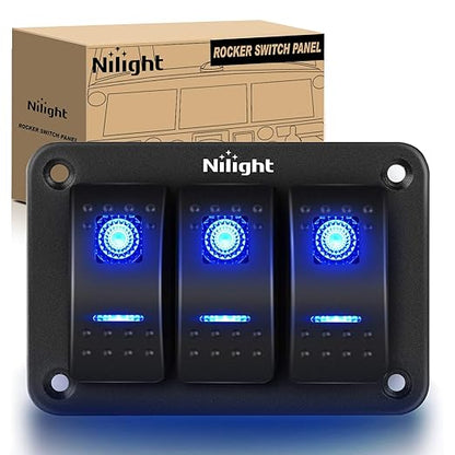 Nilight 90017C 3 Gang Aluminum Panel Toggle Dash 5 Pin On/Off Pre-Wired Rocker Switch Holder for Automotive Car Marine Boat, 2 Years Warranty,Blue