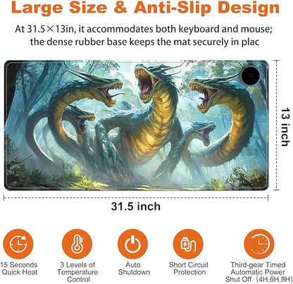 Heated Mouse Pad for Desk 31.5" x 13" – PU Leather Warm Desk Pad with 3 Heat Levels (104°F/113°F/122°F), Plug-in Electric Heating Mat with Auto Shut-Off, Waterproof & Rollable, Serpent Beast
