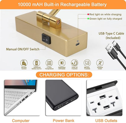 Picture Light Battery Operated with Remote, 3CCT Dimmable Picture Light for Paintings, Brass Rechargeable 24 inch Battery Operated Wall Sconce for Art Lighting Gallery Portrait Artwork
