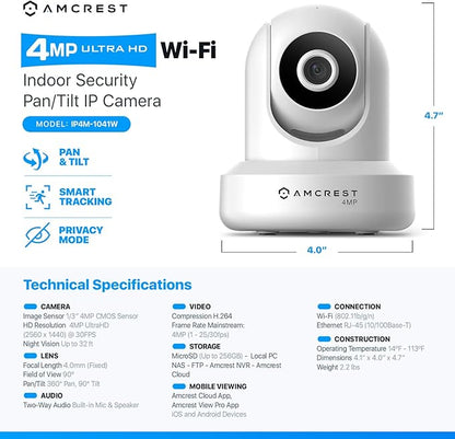 Amcrest 4MP ProHD Indoor WiFi, Security IP Camera with Pan/Tilt, Two-Way Audio, Night Vision, Remote Viewing, 4-Megapixel @30FPS, Wide 90° FOV, IP4M-1041W (White)