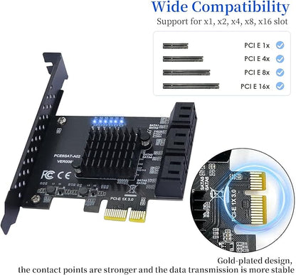 PCI-E 1X to SATA 3.0 Controller Card, 6-Port SATA III 6Gbps Expansion Card Supports PCI-Express (1x/4x/8x/16x) Slots Compatible with SSDs and HDDs, for Windows/XP/MAC/Linux Systems