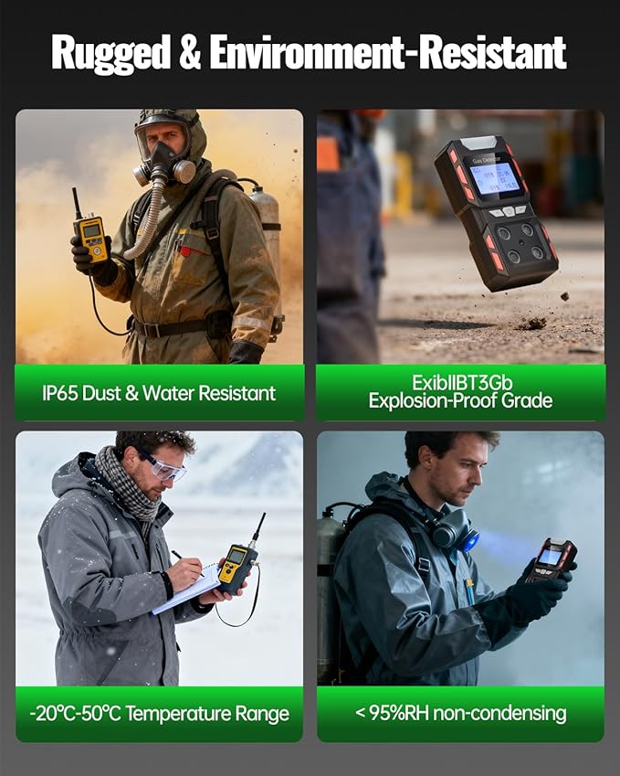 4 Gas Monitor, Gas Detector for H2S, CO, LEL and O2, Factory Calibrated Multi Gas Meter with Vibration, Visual and Audible Alarms, Over 10H Battery Life, Fast Response, Gas Analyzer for Work, Home