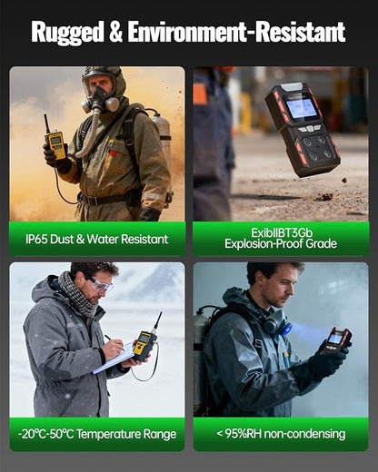 4 Gas Monitor, Gas Detector for H2S, CO, LEL and O2, Factory Calibrated Multi Gas Meter with Vibration, Visual and Audible Alarms, Over 10H Battery Life, Fast Response, Gas Analyzer for Work, Home