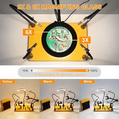 Magnetic Helping Hands Soldering Third Hand with 3X & 6X LED Magnifying Lamp, Hot Air Gun Holder,12V Solder Fume Extractor, Extra Large & Heavy Duty Base, Four Arms Solder Station for Soldering PCB