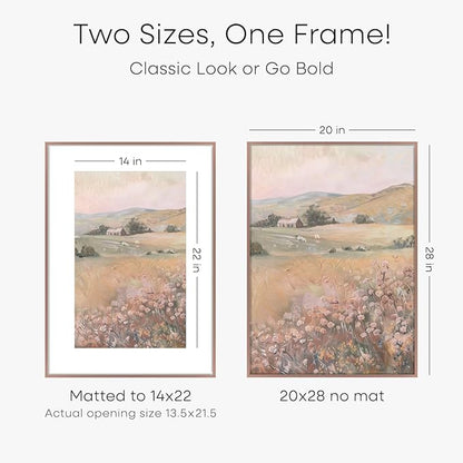 Homeforia 20 x 28 Picture Frame Mocha, High End Metal 20x28 Poster Frames with Mat 14x22 for Photo, 20 x 28 Mocha Frame Matted to 14 x 22 Print, 28x20 Hanging Frame, Tempered Glass, Wall Kit, Set of 1