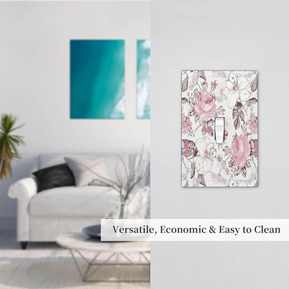 Decorative Light Switch Cover Modern Watercolor Flower Pink White Wildflower 1 Gang Single Toggle Decorator Outlet Wall Plate Device Electrical Faceplate Switchplates for Bedroom Home Decor