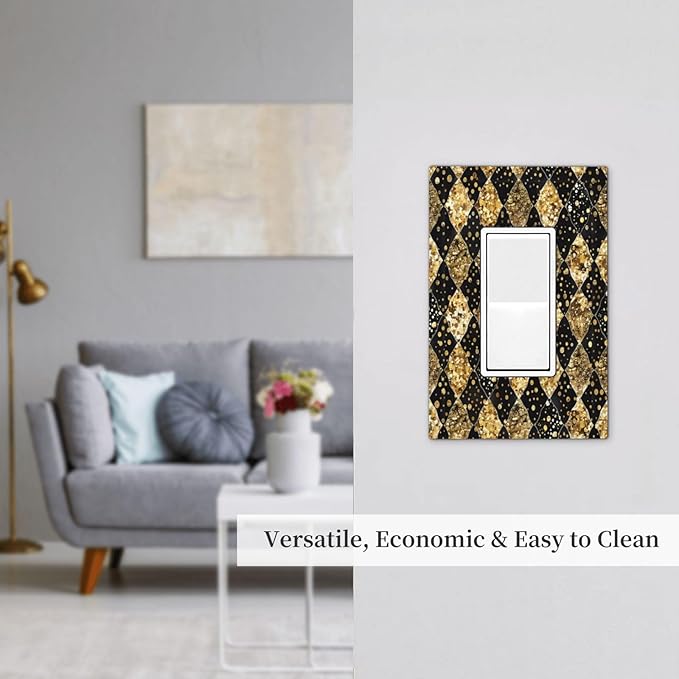 Gold Black Marble Geometric Plaid Glitter Decorative Outlet Covers 1 Gang Single Rocker Light Switch Cover Plate Wall Plates GFCI Faceplate for Bedroom Bathroom Decor