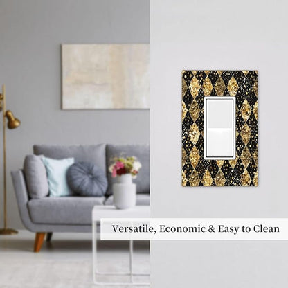 Gold Black Marble Geometric Plaid Glitter Decorative Outlet Covers 1 Gang Single Rocker Light Switch Cover Plate Wall Plates GFCI Faceplate for Bedroom Bathroom Decor