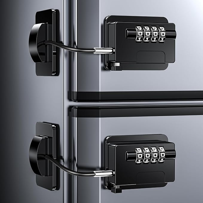 Child Proof Fridge Locks with 4 Code Password, Refrigerator Combination Latch for Kids, Toddlers and Adults, Baby Proofing Freezer Door Lock for Cabinets and Drawers, Oven, Windows (2 Pack-Black)