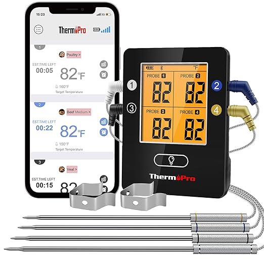 ThermoPro TP25 650FT Bluetooth Meat Thermometer with 4-Probes, Smart Rechargeable Wireless Meat Thermometer for Grilling, Smoker, Oven, Kitchen, BBQ Thermometer with Alarm, Temperature Graph, Black