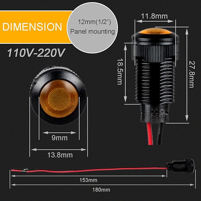 5pcs 12mm LED Indicator Light Plastic Black Signal Dot Lamp 110-220VAC 1/2 inches Mounting Hole Size with 15cm/5.9in. Wire (Yellow LED)