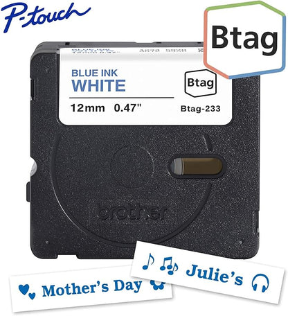 Brother Genuine P-Touch Btag BTAG233 Blue on White Label Tape ~1/2in by 13.1ft (12mm x 4m)