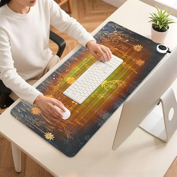 Heated Desk Pad Mouse Pad 31.5x13 Inch PU Leather Desk Mat with 3 Heat Levels Large Mouse Gaming Computer Laptop Mat Deer Blue Hat Flowers Black
