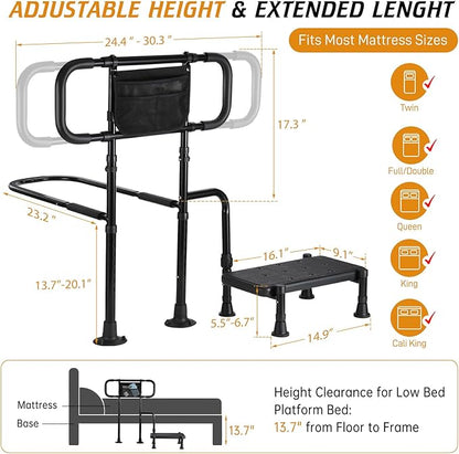 Bed Rails for Elderly Adults Safety, Step Stool with Handle for Ederly - Extended Bed Assist Rail for Seniors with Storage Bag - Adjustable Bed Side Rails Foot Stool, Fits Twin Full Queen King
