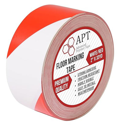 APT Premium Red and White Striped Vinyl Floor Safety Marking Tape, Excellent for Hazard Caution& Warning, Social Distancing, Warehouse & Gym Floor (2 Inch x 108 ft)