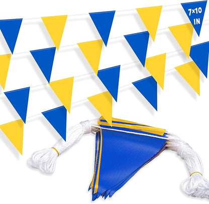 105ft Blue and Yellow Pennant Banner Flag, 7"x10" Fluorescent Safety Flagging Banner Warning Flag for Construction Site/Boundary Barrier Signs, Perimeter Marking Flags on String, 45 Flags