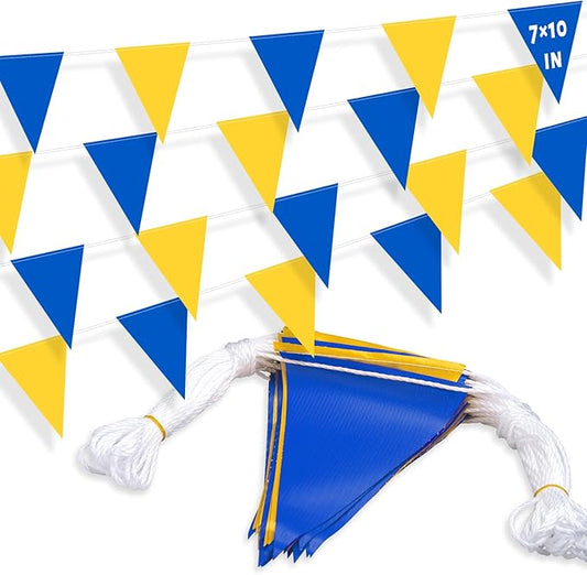 105ft Blue and Yellow Pennant Banner Flag, 7"x10" Fluorescent Safety Flagging Banner Warning Flag for Construction Site/Boundary Barrier Signs, Perimeter Marking Flags on String, 45 Flags