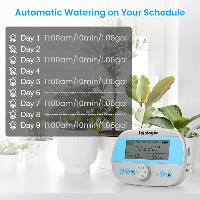 Sainlogic Smart Automatic Plant Waterer for 15 Potted Plants, Self Watering System with Deep Root Irrigation, Humidity Monitor Display, IP64 Programmable Timer for Travel, Vacation, Indoor Garden