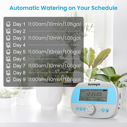 Sainlogic Smart Automatic Plant Waterer for 15 Potted Plants, Self Watering System with Deep Root Irrigation, Humidity Monitor Display, IP64 Programmable Timer for Travel, Vacation, Indoor Garden