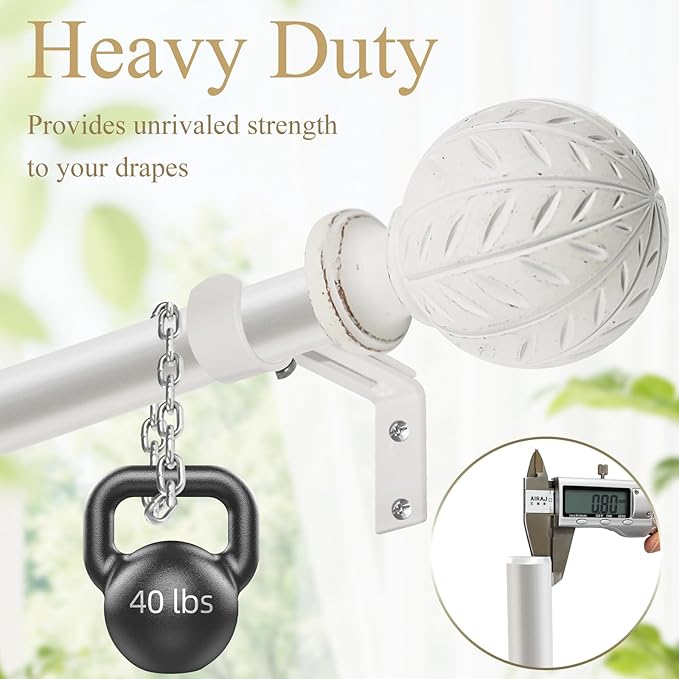 Weathered White Curtain Rod for Windows 28 to 48 Inches(2.3-4 ft)，1'' Diameter Heavy Duty Adjustable Curtain Rod with Leaf Pattern Finials - for Living Room, Bedroom,etc 18-45''